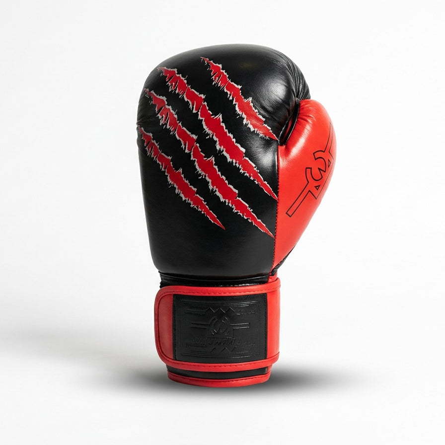 Black and red boxing glove with a claw-like design on a white background