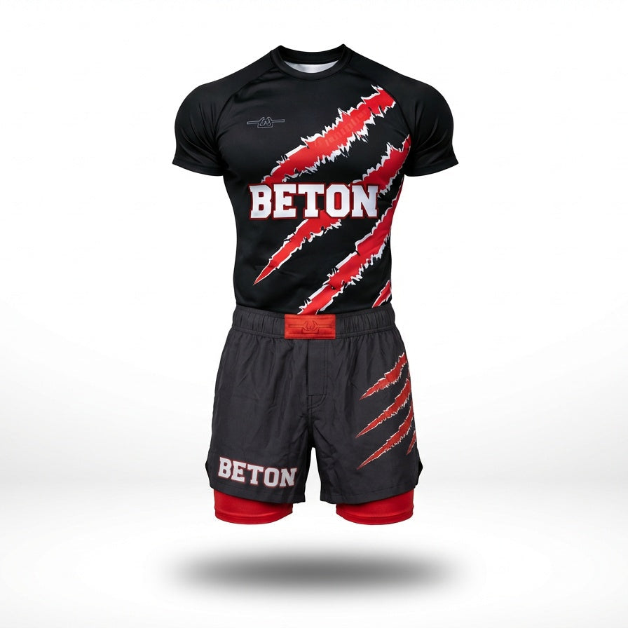 Black athletic outfit with red and white graphics and 'BETON' branding on a white background