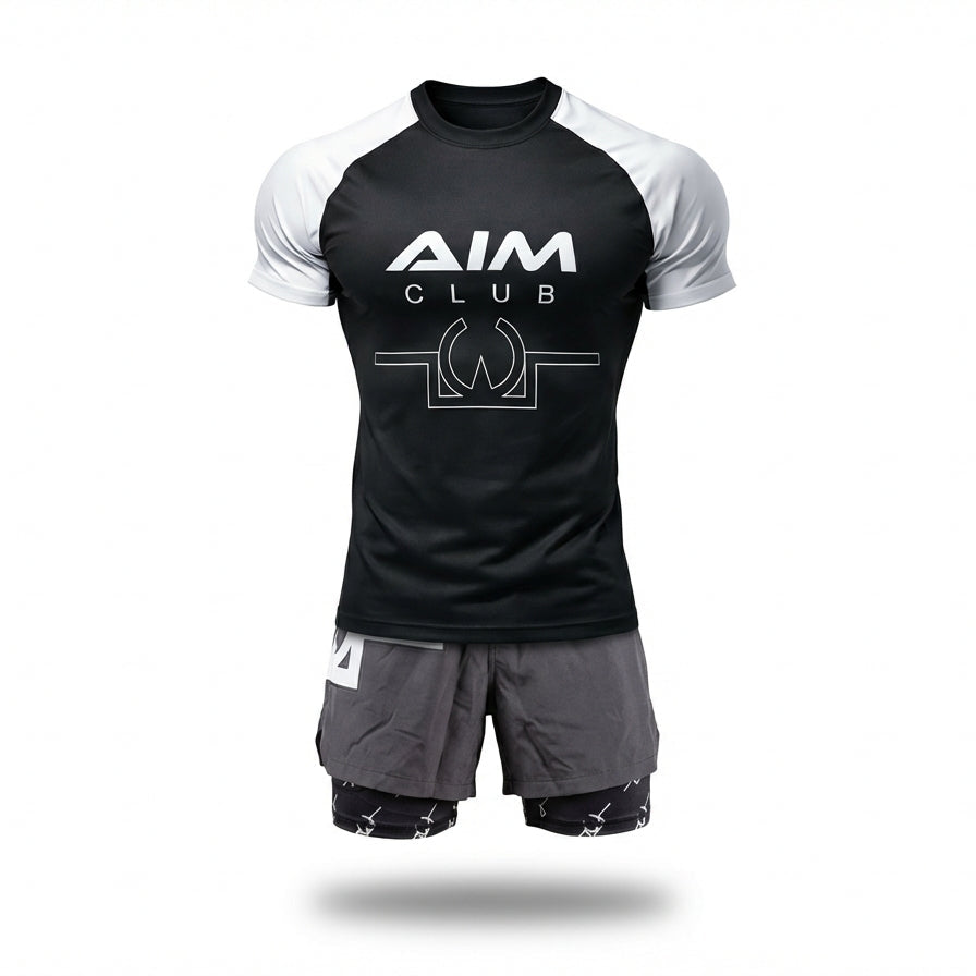 Black and white athletic shirt with 'AIM CLUB' logo and gray shorts on a white background