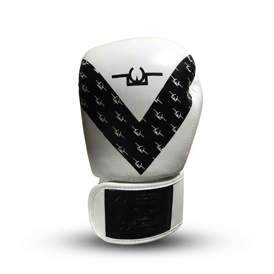 White boxing glove with black pattern on a white background
