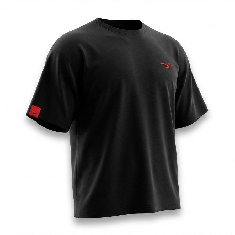 Black t-shirt with a red logo on a white background