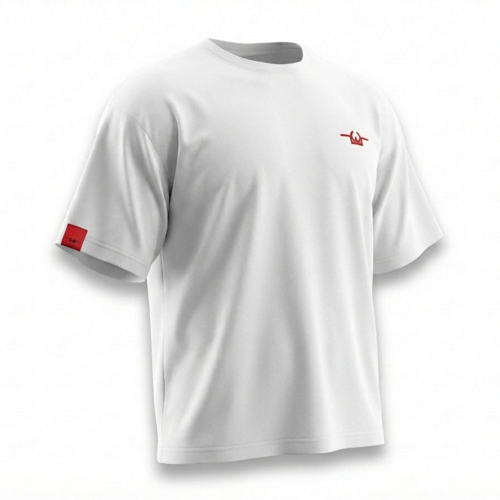 White t-shirt with red logo on a white background