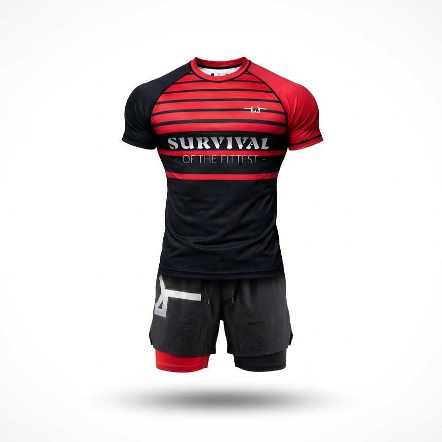 Black and red athletic outfit with 'Survival of the Fittest' text on a white background