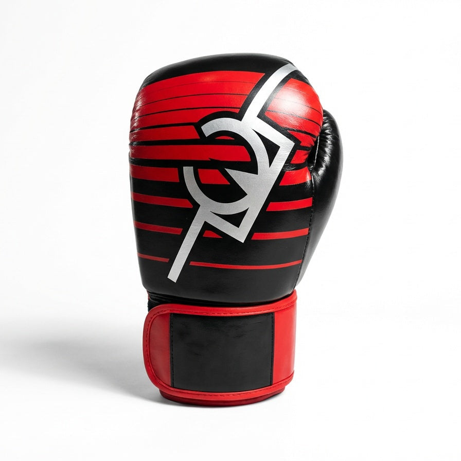 Black and red boxing glove with a logo on a white background